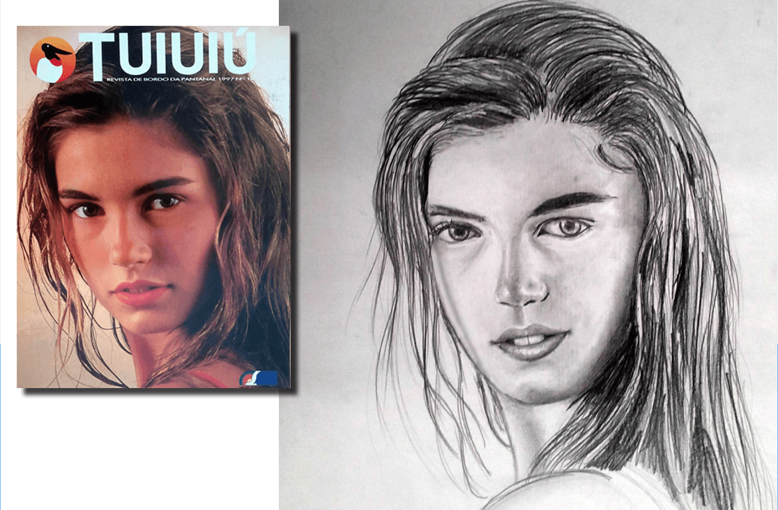 Desenho realista feito a partir de uma capa de revista, explorando o contraste e a delicadeza dos traços do rosto feminino.