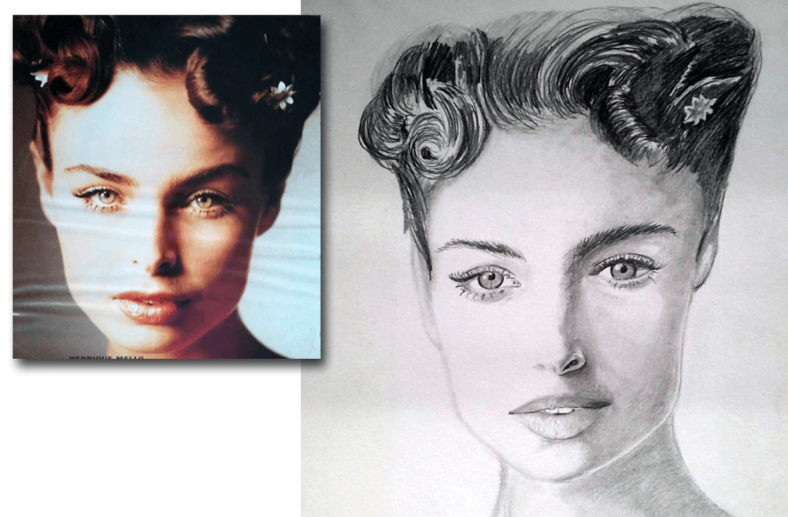 Estudo de retrato em grafite focado na valorização do jogo de luz e sombra, buscando transmitir volume e profundidade.