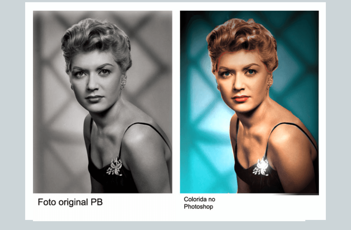 Retrato clássico em preto e branco transformado com coloração digital, trazendo uma nova vida e impacto visual à imagem.